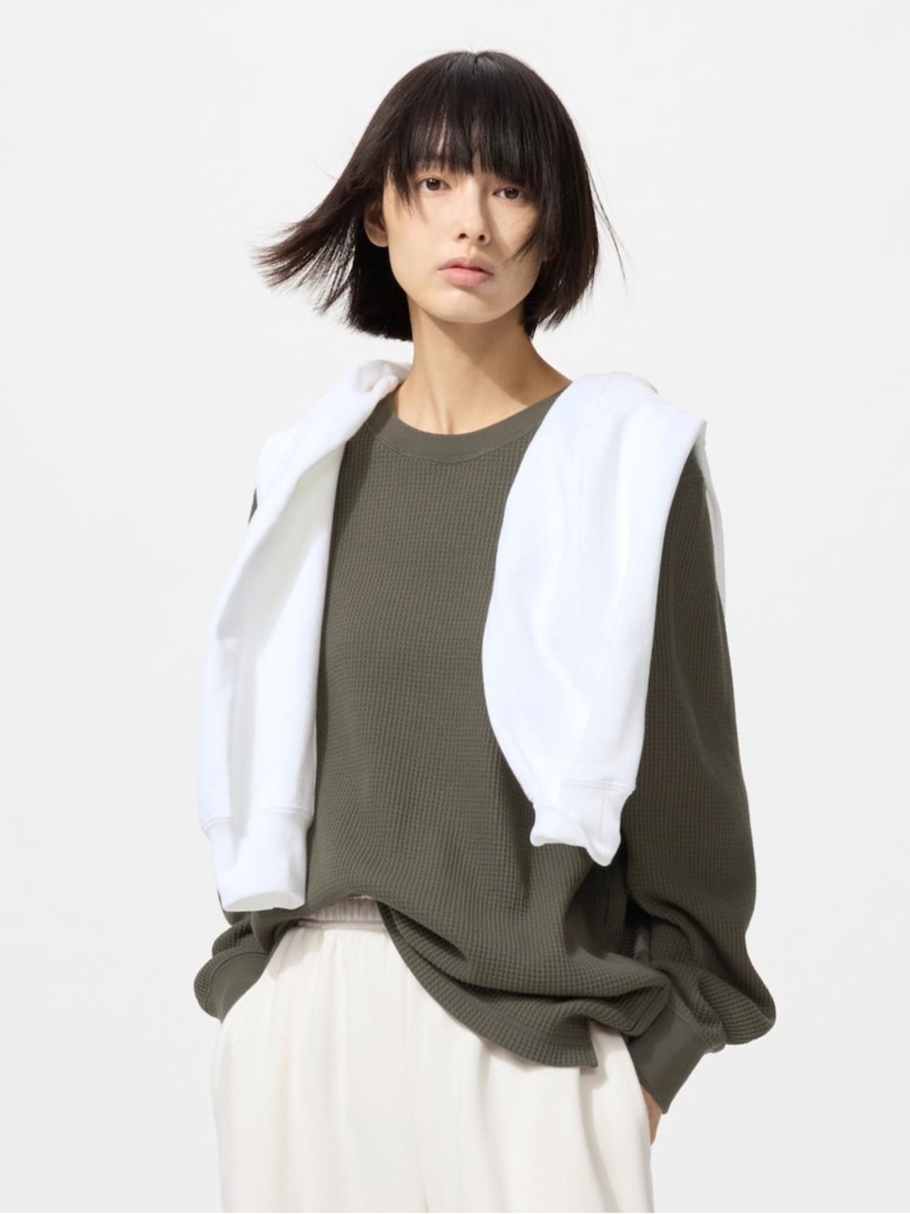 Uniqlo long sleeve Waffle T-Shirt Olive